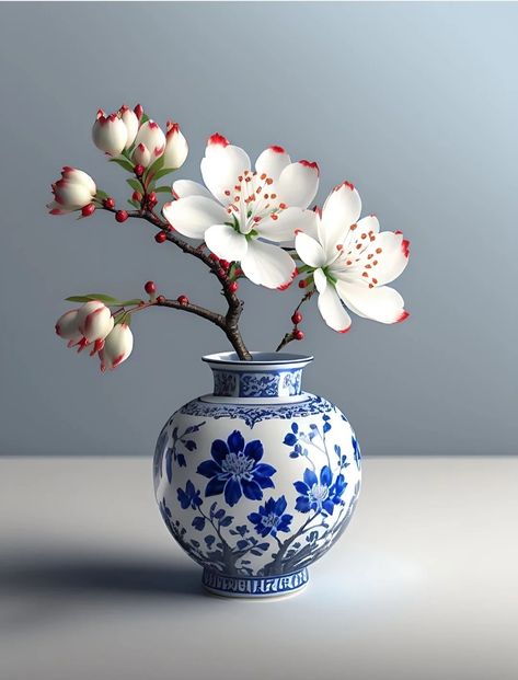 Chinese Vase With Flowers, Flowers In Vase Reference Photo, Vase Reference, Chinese Porcelain Pattern, Flower Design Vector, Chinese Flower, Blue Drawings, Still Life Photos, Watercolor Flower Art