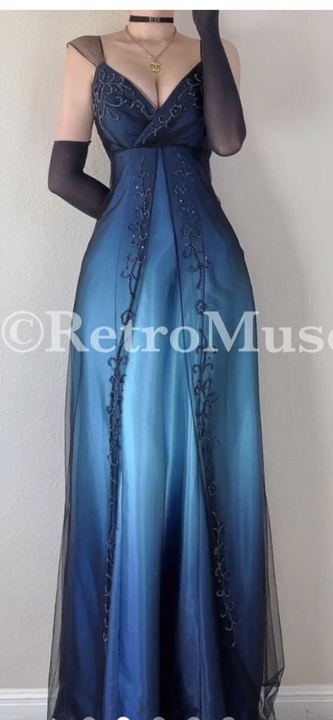 Prom Dresses That Cover Your Back, Long Sleeve Prom Dress Aesthetic, Dark Blue Victorian Dress, Dark Blue Vintage Prom Dress, Dark Blue 90s Prom Dress, Dark Fairy Prom Dress, 2000’s Prom Dresses, Gothic Blue Dress, Blue Masquerade Outfit