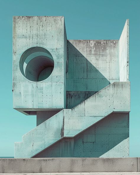 Geometric Shapes and Brutalist Architecture Japanese Brutalist Architecture, Hotel Passage Design, Brutalist Color Palette, Modern Brutalist Architecture, Brutalism Aesthetic, Modern Brutalism, Brutalist Interior Design, Buildings Aesthetic, Design With Geometric Shapes