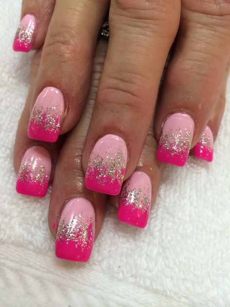 Mail Bling Ideas, Pink Ombré Nails With Glitter, Hot Pink Wedding Nails For Bride, Valentines Day Glitter Nails, Valentines Day Nails Glitter Sparkle, Summer Glitter Nails 2023, Bright Pink Glitter Nails, Hot Pink Glitter Nails Acrylic, Nail Ideas Glitter Sparkle