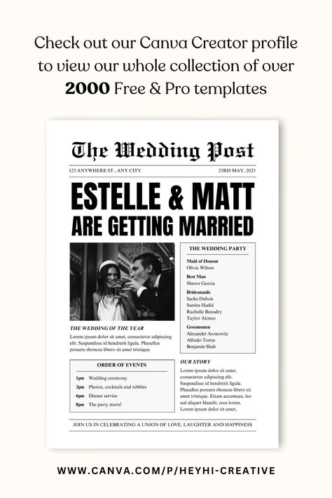 Wedding newspaper template, "the wedding post" a wedding program laid out like a black and white newspaper. Newspaper Wedding Programs Diy, Engagement Announcement Newspaper, Canva Wedding, Diy Wedding Newspaper, Newspaper Wedding Announcement, Wedding Program Template Free, Wedding Newspaper Template, Free Wedding Templates, Newspaper Wedding Programs