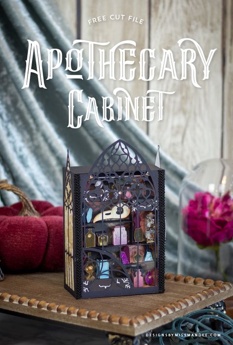 Goth Cricut Projects, Apothecary Cabinet Diy, Book Shelf Art, Laser Cut Box Design, Halloween Cricut Projects, Wall Art Shelves, Witch Cabinet, Fae Romance, Mini Bookcase