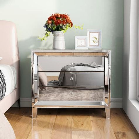 Glam Mirror Nightstand Bedside Table with 3 Drawer Chest - On Sale - Bed Bath & Beyond - 37919499 Bedside Table With Mirror, Mirrored Nightstand Bedroom, Green Nightstands, Glass Nightstand, Nightstand Bedroom, Glam Mirror, Table With Mirror, Apartment Makeover, Nyc Apt