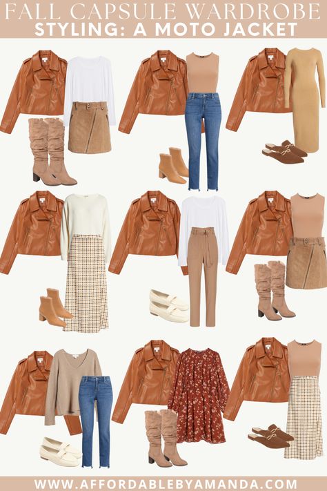 Capsule Wardrobe For Fall 2022 - How to Style a Faux Leather Moto Jacket for Fall 2022 Tan Leather Jacket Outfit, Fall Capsule Wardrobe 2022, Suede Moto Jacket Outfit, Leather Jacket Outfit Spring, Casual Jacket Outfit, Capsule Wardrobe For Work, Brown Leather Jacket Outfit, Capsule Wardrobe 2022, Womens Leather Jacket Outfit