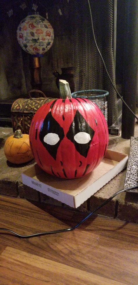 Deadpool Painted Pumpkin, Little Boy Pumpkin Painting Ideas, Jason Painted Pumpkin, Deadpool And Wolverine Pumpkin, Wolverine Pumpkin Painting, Guy Pumpkin Painting Ideas, Scary Painting Pumpkins, Dr Pepper Pumpkin Painting, Iron Man Pumpkin Painting