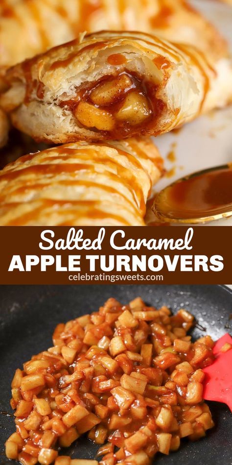 front view of baked apple turnovers Caramel Apple Cream Puffs, Apple Turnover With Puff Pastry, Cinnamon Apple Turnovers, Apple Filling For Turnovers, Caramel Apple Turnovers, Apple Caramel Puff Pastry, Apple Flavored Desserts, Apple Caramel Dessert Recipes, Apple Carmel Puff Pastry