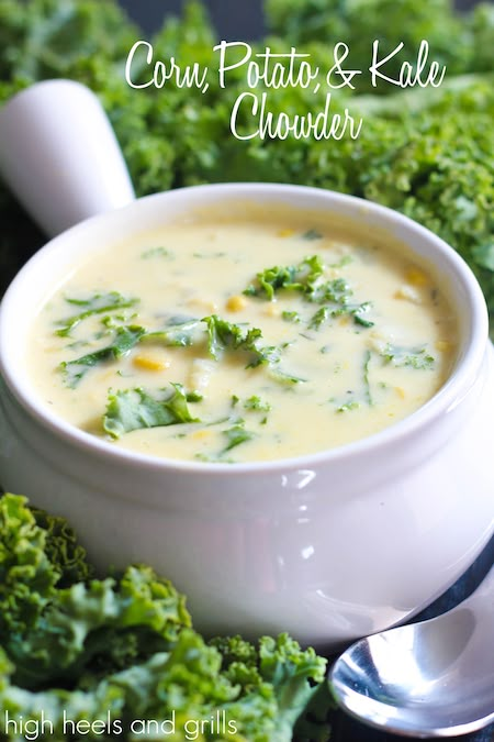 Corn, Potato, and Kale Chowder - High Heels and Grills Soup With Kale And Potatoes, Creamy Kale And Potato Soup, Potato Kale Soup Vegetarian, Chicken Potato Kale Soup, Turkey Kale Sweet Potato Soup, Daniel Fast, Kale Recipes, Sopot, Corn Chowder