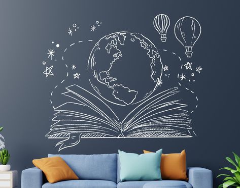 Stunning World Map Wall Art Metal Designs | Wall Art Decorations Accessories | Home Decoration Ideas Library Room School, Library Murals High School, Book Mural, Library Mural, Library Wall Art, Class Painting, World Map Wall Decal, Map Wall Decal, Library Home