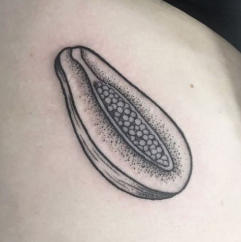 Papaya tattoo, black and white Fruit Tattoo Aesthetic, Papaya Tattoo Art, Traditional Fruit Tattoo Black, Fruit Tattoo Black And White, Papaya Drawing Simple, Papaya Tattoo, Orange Fruit Tattoo Black And White, Food Tattoo, Tattoo Baby