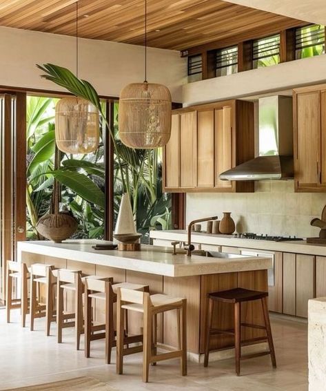 Tropical Inspired Kitchen, Wooden Kitchens Modern, Tropical Interior Design Kitchen, Kitchen Interior Boho, Tropical Kitchen Design Ideas, Kitchen Tropical Design, Tropic Interior Design, Modern Tropical Kitchen Design, Bali Style Home Kitchen