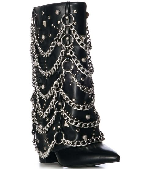 From Azalea Wang, the Aleena Chain Hardware Western Inspired Boots feature:Synthetic upperChain and stud hardware detailingPull on designSynthetic liningSynthetic otusoleApprox. 11.7" shaft heightApprox. 13.4" shaft circumferenceApprox. 4.5" heel heightImported. Gothic Rocker Style, Ethereal Accessories, Indian Boots, Goth Cowgirl, Platform Heeled Boots, Gothic Western, Chain Boots, Demonia Boots, Platform Heels Boots