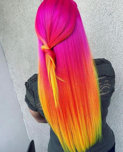 Neon Hair Ideas, Crazy Hair Colour, Pink To Yellow Hair, Pink Yellow Blue Hair, Pink Yellow Hair, Hair Color Yellow, Pink Orange And Yellow Hair, Pink And Yellow Hair, Neon Pink And Yellow Hair