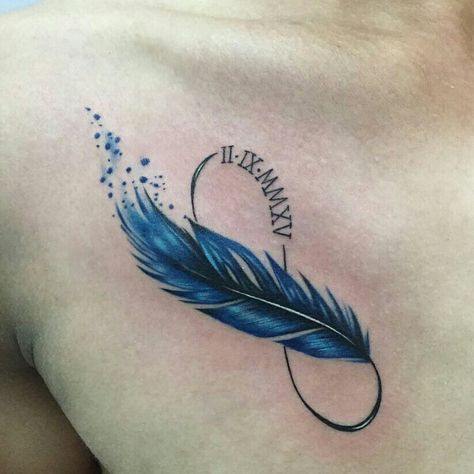 Tattoo símbolo de infinito con pluma azul y fecha en numeros romanos Quill Pen Tattoo, Name Tattoos For Moms, Wrist Tattoo Cover Up, Wrist Henna, Remembrance Tattoos, Girl Arm Tattoos, Scorpio Tattoo, Feather Tattoo Design, Pen Tattoo