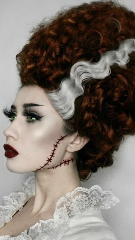 Classic Halloween Makeup, Bride Of Frankenstein Make Up, Frankenstein And Wife Costume, Frankenstein Bride Costume, Bride Of Frankenstein Halloween Costume, Frankenstein Wife, Bride Of Frankenstein Makeup, Frankenstein's Bride, Frankenstein Makeup