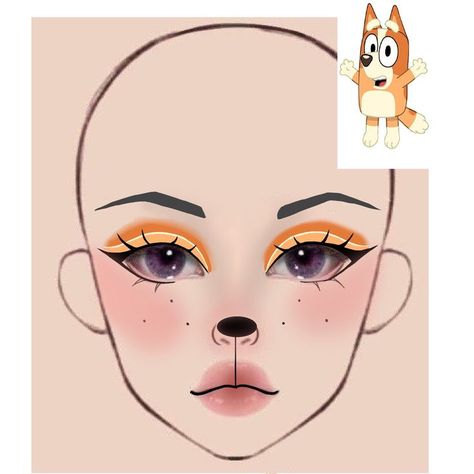 Bingo Makeup From Bluey, Bluey Halloween Makeup, Jake The Dog Makeup, Bluey Make Up, Bluey Makeup Looks, Bingo Face Paint, Pre Shower Makeup Ideas, Melanie Martinez Makeup, Bee Makeup