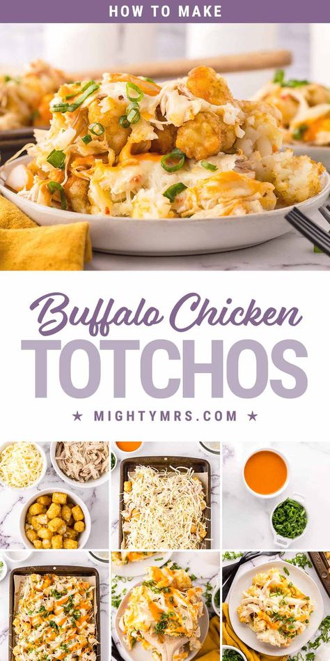 How to Make Buffalo Chicken Totchos Buffalo Chicken Totchos, Chicken Totchos, Loaded Totchos, Spicy Buffalo Chicken, Crockpot Soup Recipes, Blue Cheese Dressing, Easy Chicken Dinner Recipes, Carrot Sticks, Tater Tots