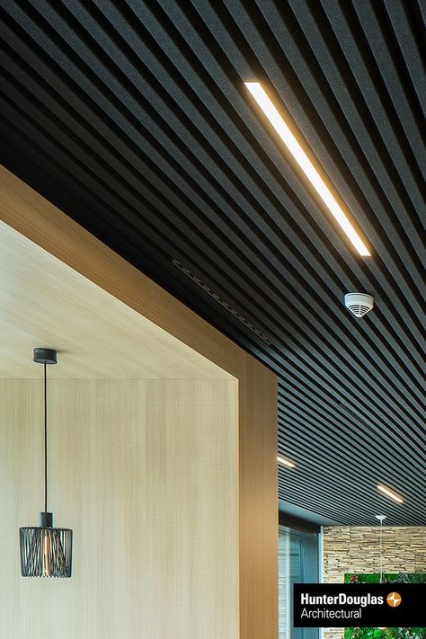 Linear Ceiling Design, Modern Suspended Ceiling, Felt Ceiling Panels, Acoustical Ceiling Design, Ceiling Material Ideas, Ceiling Panels Ideas, Cool Ceilings, Slate Ceiling, Interesting Ceilings