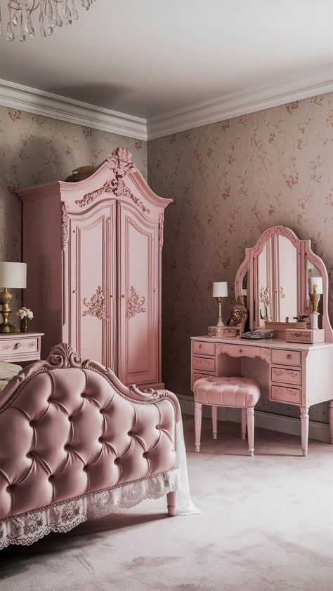 "Cozy vintage bedroom with ornate soft pink furniture, including a tufted bed, pink armoire, and pink dressing table, set against floral wallpaper." Vintage Pink Bedroom, Pink Bedroom Furniture, Pink Furniture, Tufted Bed, Pink Bedrooms, Vintage Lovers, Vintage Bedroom, Contemporary Chic, Pink Bedroom