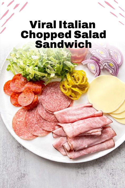 These chopped Italian sandwiches are bursting with flavor and packed to the brim. Every bite offers a delightful blend of all the delicious ingredients. It's a TikTok viral sandwich recipe. Viral Chopped Salad Sandwich, Cold Italian Sandwiches, Viral Chopped Italian Sandwich, Summer Chopped Salad Recipes, Chop Salad Sandwich, Chopped Salad Recipes Italian, Italian Chopped Salad Sandwich, Sub Salad Recipes, Chopped Sandwich Recipe