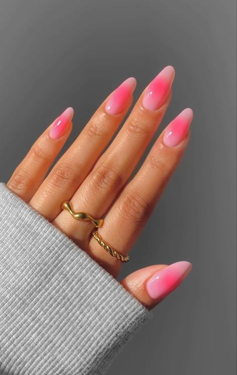 @ glossytipped on ig End Summer Nails, Pink Aura Nails, Bow Nail Designs, Bright Pink Nails, Butterfly Nail Designs, Aura Nails, Aesthetic Nails, Strawberry Pink, Summery Nails