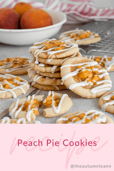 This peach pie cookies recipe starts off with a soft, chewy sugar cookie base. Each cookie is topped with homemade peach pie filling before being baked to perfection. After baking and allowing them to cool, each peach pie cookie is drizzled with vanilla bean glaze. They’re easy to make, yet oh SO delicious! Make a batch for the peach pie lover in your life! Fresh Peach Cookie Recipes, Peach Crumble Pie Cookies, Peach Pie Filling Recipes Desserts, Peach Pie Cookies, Peach Sugar Cookies, Fresh Peach Pie Filling, Homemade Peach Pie Filling, Peach Cobbler Cookies, Peach Cookies Recipe