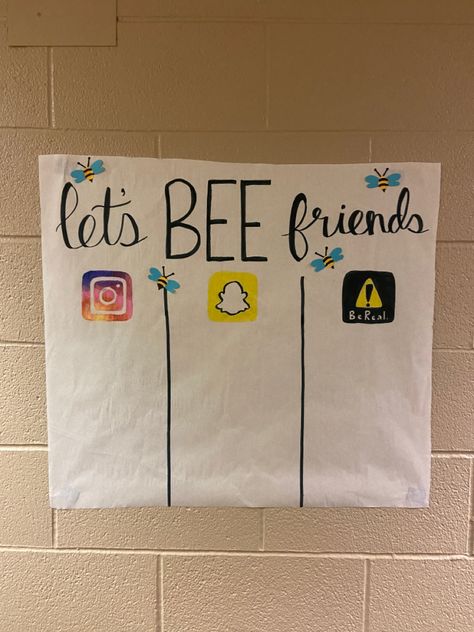 ra bulletin board socials, let’s bee friends, social media, bee theme, interactive, colleg, dorm, resident assistant Resident Director College Res Life, Dorm Hallway Themes, Dorm Hall Decorations Resident Assistant, Hall Events For Ra, Ra Bulletin Board Ideas Welcome College, Dorm Hallway Decorations, Resident Advisor Ideas, Dorm Hall Decorations, Dorm Floor Themes Resident Assistant