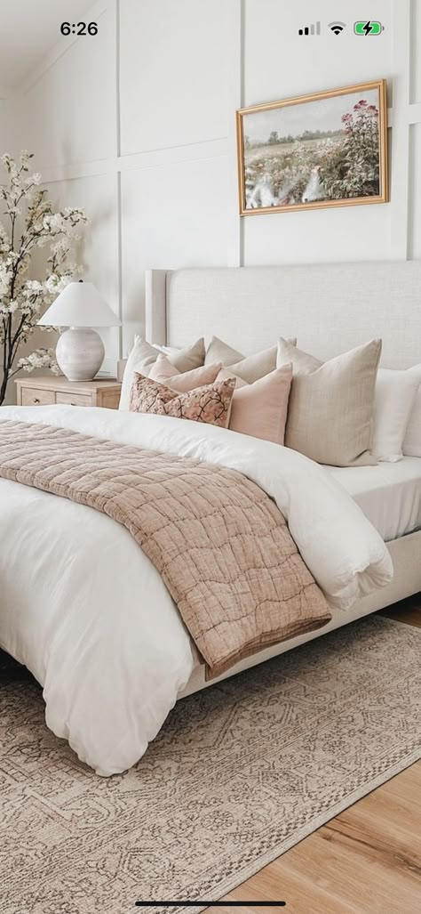 Jenni Kayne Home Bedroom, Neutral Bedroom With Blush Accents, Primary Bedroom Coastal, Dressing A Bed Ideas, Neutral Bedroom Decor With Pop Of Color, Beige Bedding With Pop Of Color, Bedroom With Blush Accents, Subtle Pink Bedroom, Feminine Master Bedrooms Decor