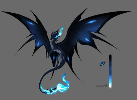 Blue Dragon Concept Art, Mythical Winged Creatures, Dragon Oc Design, Black And Blue Dragon, Raven Dragon, Blue Dragon Art, Blue Wyvern, Demon Tail, Lightning Dragon