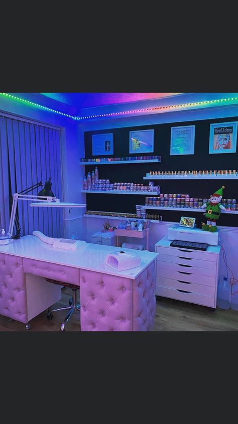 Nail Tech Studio Ideas, Purple Nail Room, Shed Nail Salon Ideas, Nail Suite Ideas, Nail Shed, Nail Studio Ideas Small Spaces, Nail Rooms, Nail Setup, Nail Suite