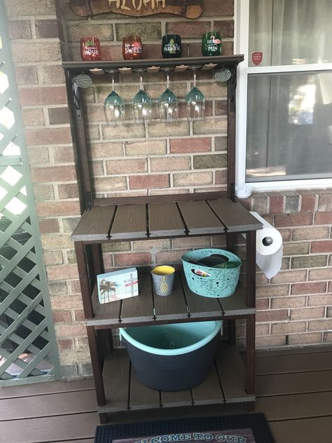 Outdoor bar cart made from leftover trex decking Scrap Trex Decking Ideas, What To Do With Leftover Trex Decking, Composite Deck Scrap Ideas, Trex Scrap Ideas, Scrap Trex Decking Projects, Leftover Trex Ideas, Leftover Trex Projects, Leftover Deck Board Ideas, Leftover Composite Decking Ideas