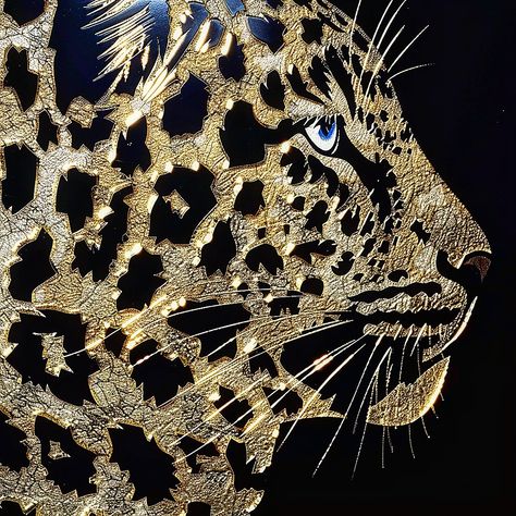 leopard’s profile, rendered in an ornate style using golden light against a dark background. The intricate design features light trails and speckled patterns that mimic the leopard’s spots, creating a glittering and luxurious effect. The leopard’s eye is vividly blue, adding a striking contrast to the gold and black color scheme. #digitalart #artgallery #color #art #artwork #artgallery #abstract #color #gallery #artistsoninstagram Black Color Scheme, Leopard Face, Light Trails, Abstract Color, The Leopard, Golden Light, Golden Lights, Color Art, Feature Light