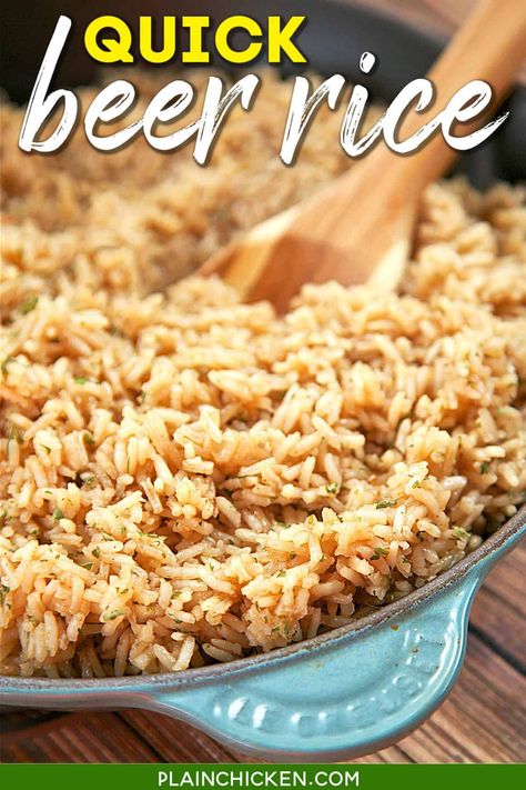 Beer Rice - recipe from my Mom's vintage cookbook from the 60s. Only 5 ingredients and it's ready in 20 minutes. Butter, rice, beer, water, and onion. Use your favorite beer for this easy side dish!! Goes with everything - chicken, pork, beef, steak, casseroles. A great weeknight side dish! #rice #sidedish #beer Sides For Beer Can Chicken, Beer Can Chicken Sides Dishes, Recipes Using Beer, Rice Beer, Quick Rice, Rice Side Dish Recipes, Beer Recipe, Chicken Rice Recipes, Cooking With Beer