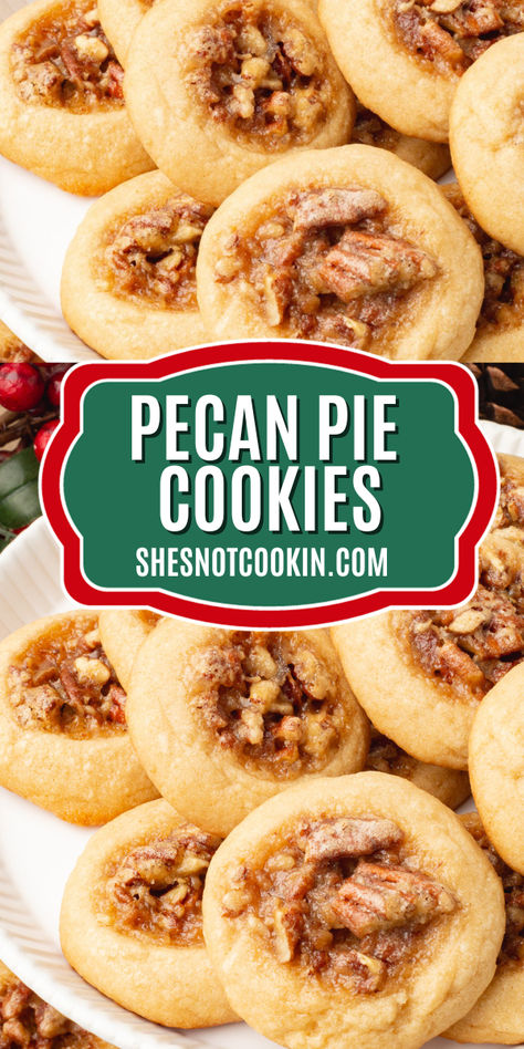 Pecan pie cookies on a white plate. Crumble Pecan Pie Cookies, Pecan Pie Cookies Easy, Sallysbakingaddiction Cookies, Pecan Sandies Cookies Recipes, Pecan Pie Cookie Recipe, Pecan Cookies Recipes, Bite Size Christmas Desserts, Pecan Pie Cookie, Nut Cookies Recipe