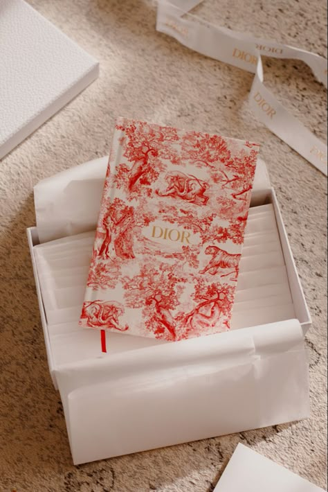 Dior Box Aesthetic, Dior Stationery, Red Notebook Aesthetic, Dior Notebook, Luxury Stationary, Luxury Notebook, Crafty Hobbies, Red Office, Fabric Doll House