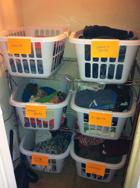 This is a great alternative to a dresser. By using an inexpensive metal rack and laundry baskets, I have not only saved money but have made use of unoccupied space. Storage Ideas For Bedroom With No Closet, Alternative To Dressers Bedrooms, Alternative Clothing Storage, No Fold Clothes Storage, Dresser Alternatives Bedrooms, Dresser Alternative Storage Bedroom, Organize Clothes Without Dresser, Dresser Alternative Storage, Clothes Storage Ideas No Dresser