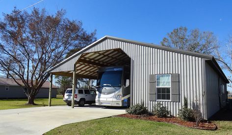 Metal Shed With Living Quarters, Metal Building For Rv, Decks For Rv Trailers, Rv Metal Building, Rv Port With Living Quarters, Metal Rv Garage, Rv Pavilion Ideas, Rv Building Rv Garage, Shop With Rv Parking