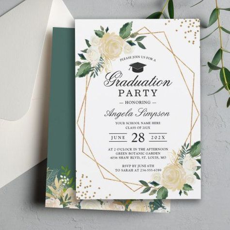 Gold Glitters Greenery Floral Graduation Party - Graduation Invitations Floral Graduation Party, Watercolor Graduation, Graduation Invitations High School, Graduation Invitations Template, Graduation Party Invitation, Foil Invitations, Nursing Graduation, Gold Invitations, Graduation Party Invitations