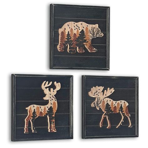 PRICES MAY VARY. 【 WOOD CABIN DECOR】- cute Deer Elk Bear in the forest, Perfect decoration for your rustic theme home interior, vacation home, office, nursery or lodge cabin. The dimensions are 10 x 0.5 x 10 inches 【PREMIUM QUALITY MATERIAL】- Made of high quality MDF, hand-printed trees on the Deer Elk Bear, well made and very sturdy 【RUSTIC STYLE】- Simple and unique design gorgeous picture in wood, features a lightly distressed finish wooden frame giving a nice rustic country appeal 【GORGEOUS G Living Room Hunting Theme, Bear Bathroom Decor Ideas, Cabin Theme Decor, Boy Nursery Outdoor Theme, Boy Nursery Ideas Rustic, Boy Woodland Bedroom, Small Log Cabin Homes Interior, Woodsy Room, Hunting Themed Nursery