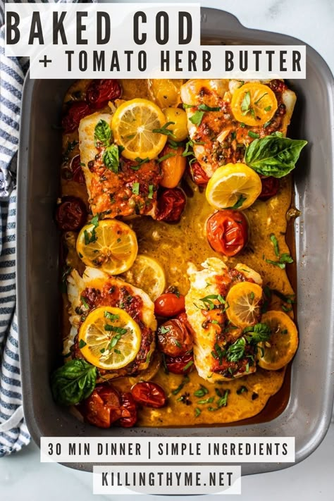 Cod Fish With Cherry Tomatoes, Tomato Basil Cod, Mediterranean Baked Fish Recipe With Tomatoes And Capers, Cod Tray Bake, Baked Fish With Tomatoes, Cod With Vegetables, Baked Cod And Potatoes, Cod With Cherry Tomatoes, Greek Cod Recipes