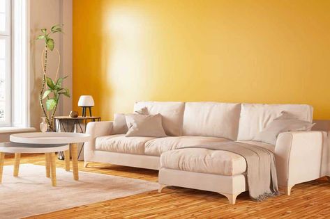 Accent Wall Colors 2023, Wall Colors 2023, Mustard Yellow Accent Wall, Best Accent Wall Colors, Yellow Accent Wall, Taupe Couch, Accent Wall Kitchen, Light Yellow Walls, Yellow Walls Living Room