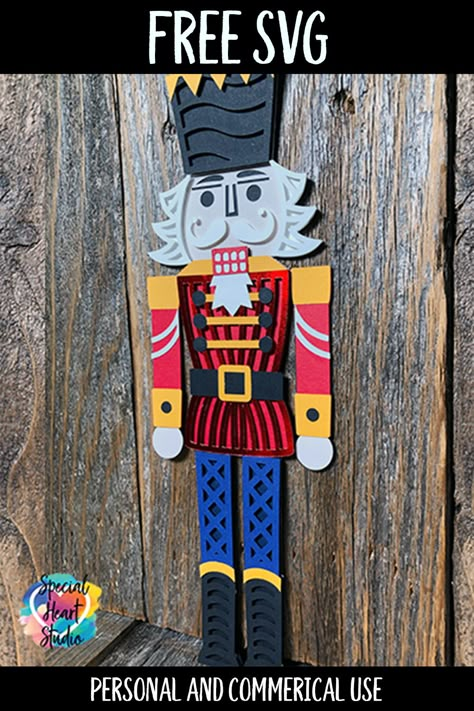 Free Layered Nutcracker Christmas SVG Cut file for Cricut, Silhouette, or other electronic cutting machines. This design is perfect on cardstock for Christmas decorations, ornaments, or cards. Assembly tutorial included in the blog post. This easy-to-do project is perfect for using your cardstock scraps too! #freesvg #christmascrafts #layerednutcracker #cricut #silhouette Svg Free Files For Cricut Christmas, Christmas Decorations Cricut, Free Layered Svg, Free Layered Svg Files For Cricut, Cricut Nutcracker, Nutcracker Cricut Projects, Cricut 3d Projects, Layered Svg, Nutcracker Svg Free