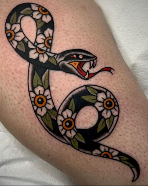 Americana Snake Tattoo, Taurus Tattoo Traditional, Traditional Style Snake Tattoo, Vertical Traditional Tattoo, American Traditional Wrist Tattoo, Knee Tattoo American Traditional, Witchy Traditional Tattoo, Slang Tattoo, American Traditional Tattoos Color