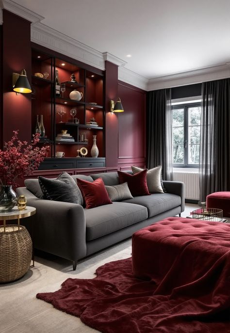 Dark Grey Couch Living Room Ideas Dark Red Accent Wall Living Room, Burgundy Grey Living Room, Mysterious Interior Design, Black And Red House Interior Design, Grey Red Living Room, Dark Romantic Living Room, Grey And Burgundy Living Room, Gray Sofa Living Room Color Schemes, Purple Sofa Living Room Ideas