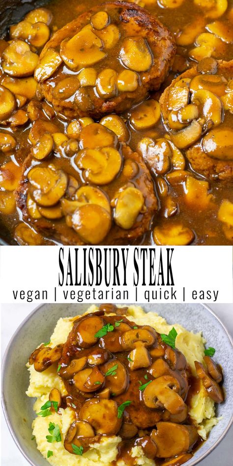 Salisbury Steak Vegetarian Salisbury Steak, Breakfast For Vegans, Meaty Vegetarian Recipes, Healthy Tv Dinners, Vegan Salsberry Steak Recipe, Gluten Steaks Vegetarian, Vegan Salisbury Steak, Impossible Meat Recipes, Beyond Beef Recipes