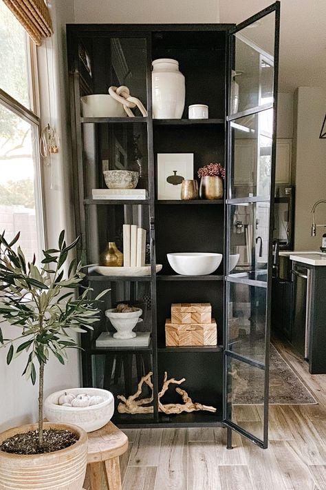 Pale Wood Chain, Small Link curated on LTK Modern Black Display Cabinet, Styling Glass Cabinets Living Room, China Cabinet Decorating Ideas, China Cabinet In Living Room, Kitchen China Cabinet, Living Room Glass Cabinet, Glass Cabinet Decor, Jaci Daily, Cabinet Styling