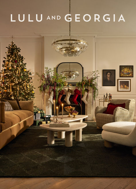 Traditional touches and modern lines set off this maximalist edit—trimmed and tailored till it's pouring over with cheer. Shop the festive look for this holiday season exclusively at Lulu and Georgia. Christmas Tree Placement, Japandi Christmas, Ceiling Molding, Georgia Christmas, Holiday Living Room, Holiday Hosting, Hosting Essentials, Loft Interior Design, Loft Interior