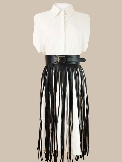 PU Leather Fringe Decor Belt | SHEIN EUR Tassel Skirt Outfit, Fringe Decor, Fringe Belt, Pu Skirt, Tassel Skirt, Fringed Belt, Wide Leather Belt, Fringe Skirt, Skirt Belt