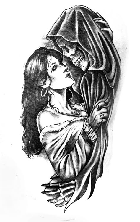 Grim Reaper Couple Tattoo, Grim Reaper Woman Tattoo, Woman Grim Reaper Tattoo, Woman Skeleton Tattoo, Grim Reaper And Woman, Dark Couple Tattoos, Grim Reaper Tattoo Designs Drawings, Grim Reaper Drawings, Grim Reaper Sketch