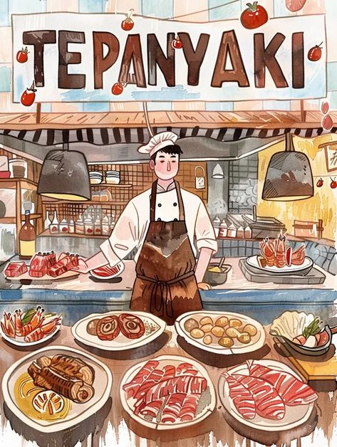 The image is a watercolor painting of a teppanyaki restaurant. The chef is wearing a white chef's coat and a brown apron ->> more details in ai-img-gen.com Teppanyaki Restaurants, Plates Of Food, Steak Shrimp, Brown Apron, Shrimp And Vegetables, Chef Coat, Chef Cooking, Year 3, The Chef