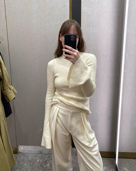 90s style, try on, fitting room, capsule style, cream, neutral outfit Luxury Cozy Cream Outerwear, Chic Cream Knitted Cardigan, Luxury Cream Chunky Knit Outerwear, Luxury Cream Cardigan With Button Cuffs, Camilla And Marc, Cut Out Top, Leather Trousers, Harrods, Try On